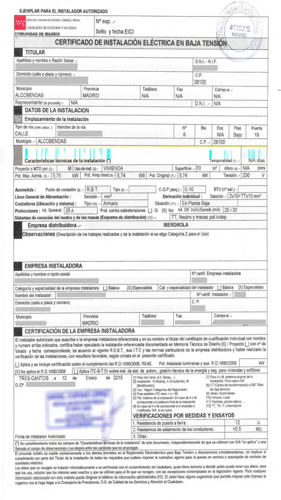 Certificado o boletín eléctrico de instalación